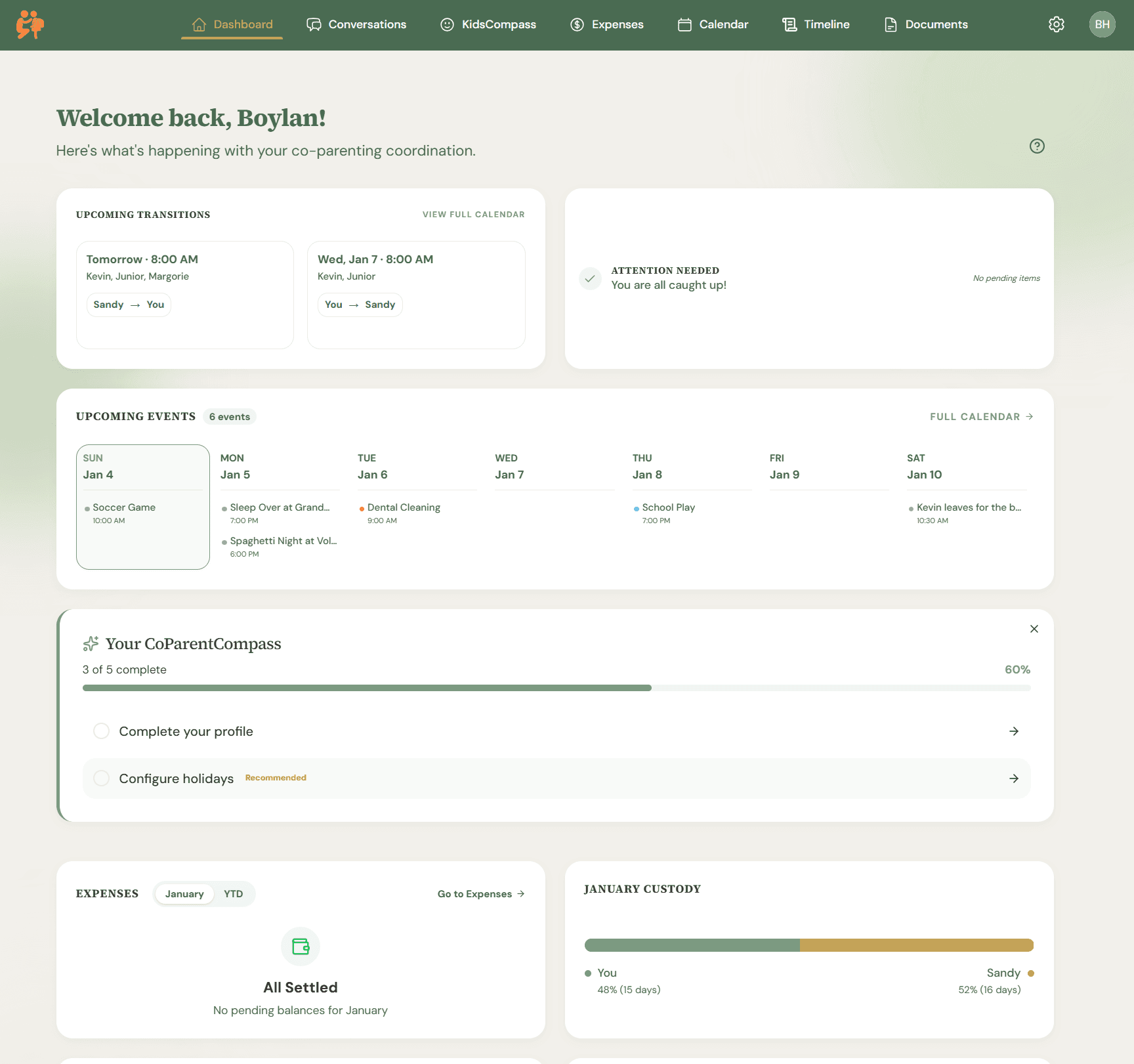 CoParent Compass Dashboard showing a shared calendar and expenses